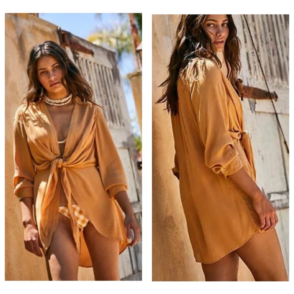 Free People Worlds Apart Tie-Front Tunic Size Small Tan Bohemian Coverup Gauzy